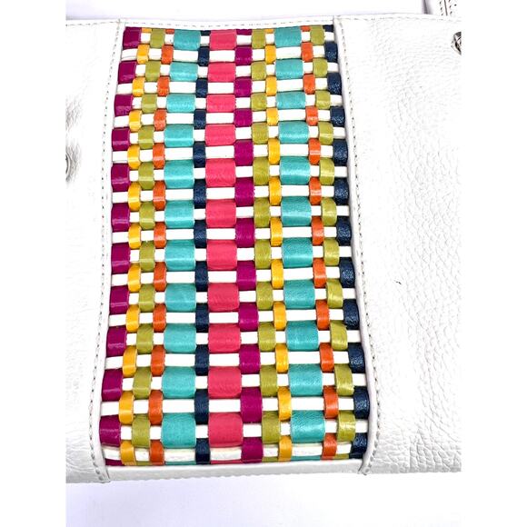 Brighton White Leather Shoulder Purse Bag Colorful Woven Front - Picture 7 of 16